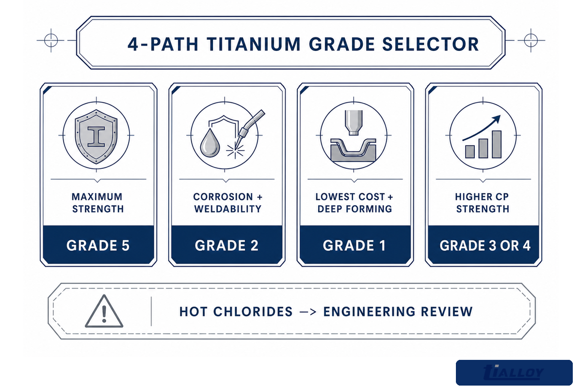 4-Path Grade Selector flowchart routing Grade 2 titanium buyers by strength, corrosion, budget, or fabrication priority