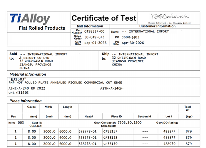 316L stainless steel supplier approval quality and export documentation