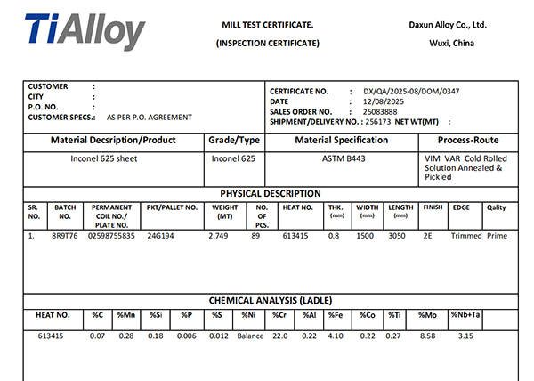 Alloy 625 mill test certificate preview