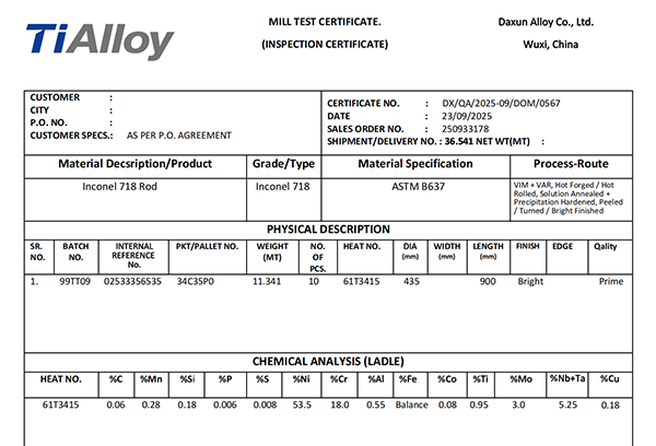 Inconel 718 high strength turbine aerospace and industrial component