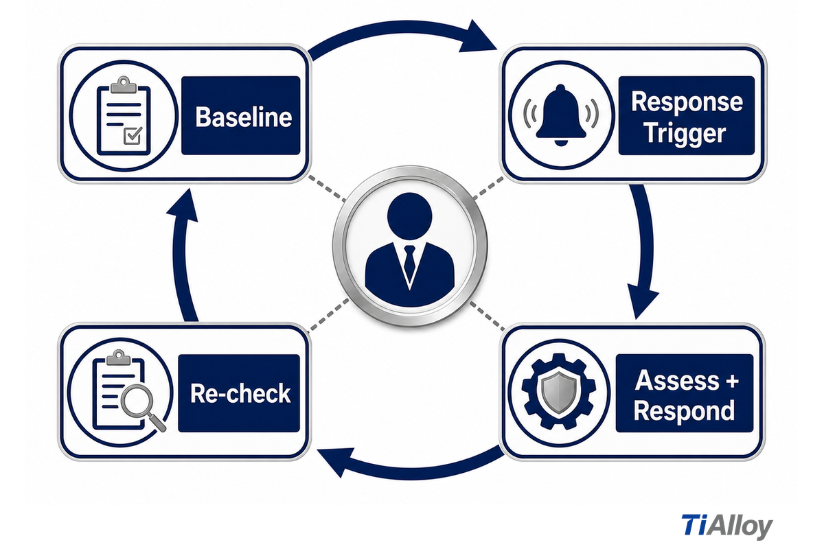 A corrosion-control loop runs from baseline to trigger, response and re-check (EPA)