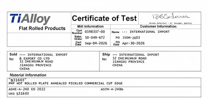 Representative material test certificate used for material traceability