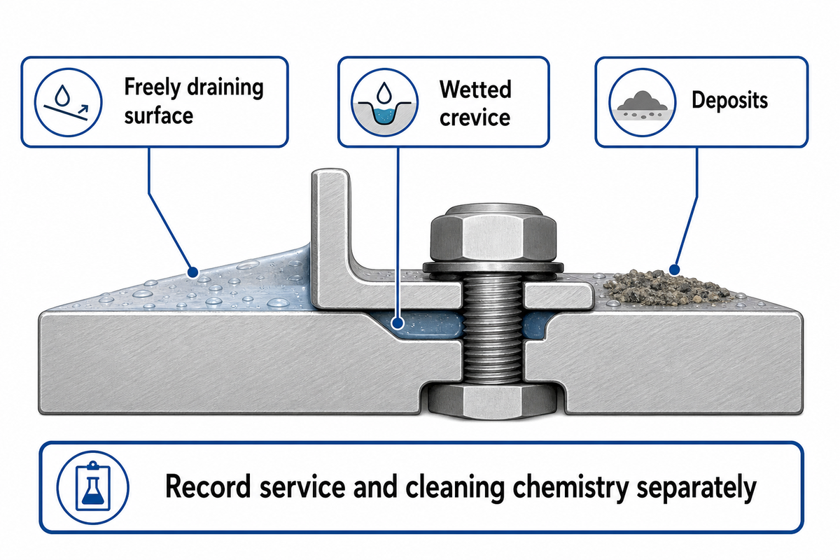 Drainage, crevices and deposits change chloride exposure; record service and cleaning chemistry separately.