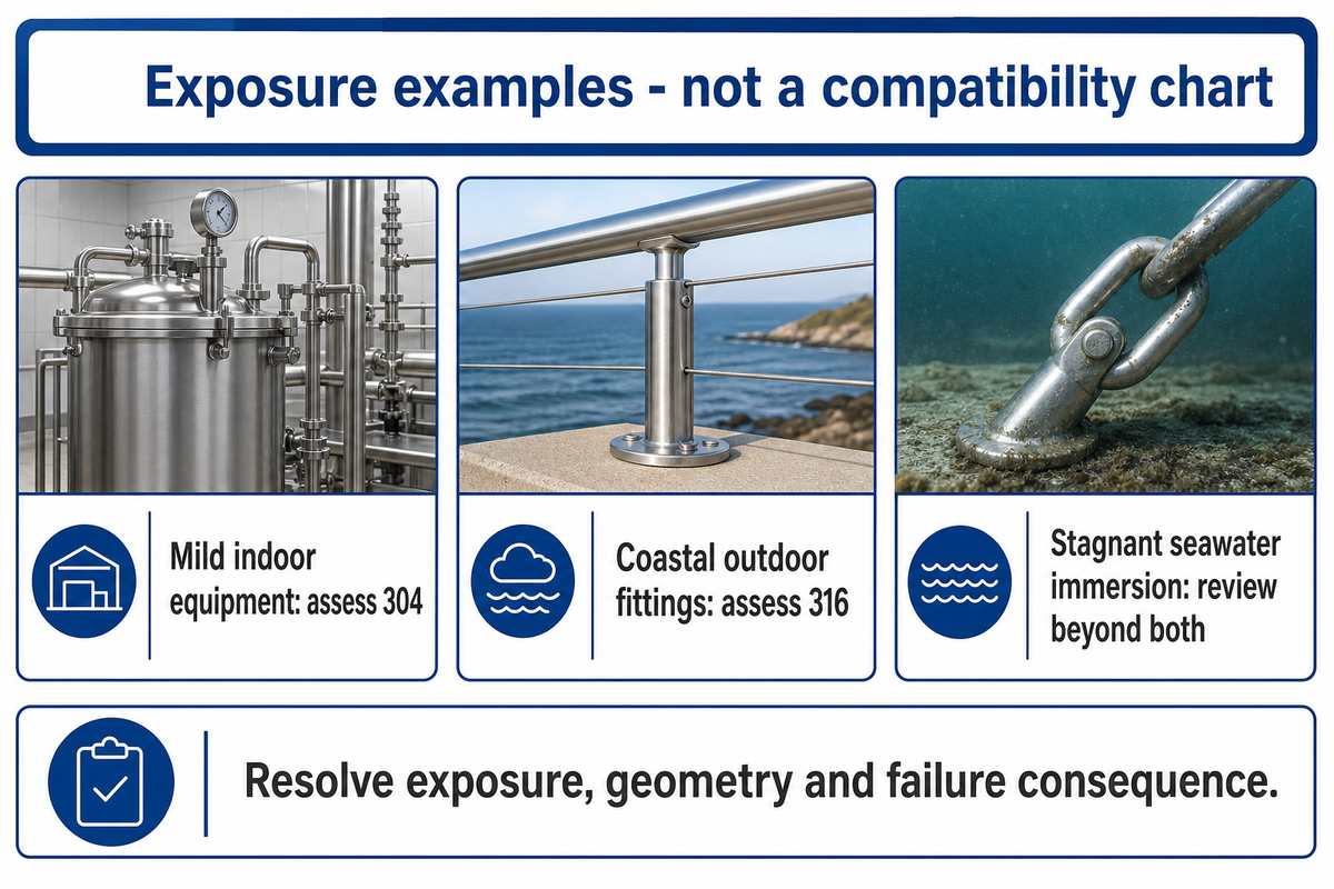 Exposure examples lead to assessing 304, assessing 316, or reviewing options beyond both grades.