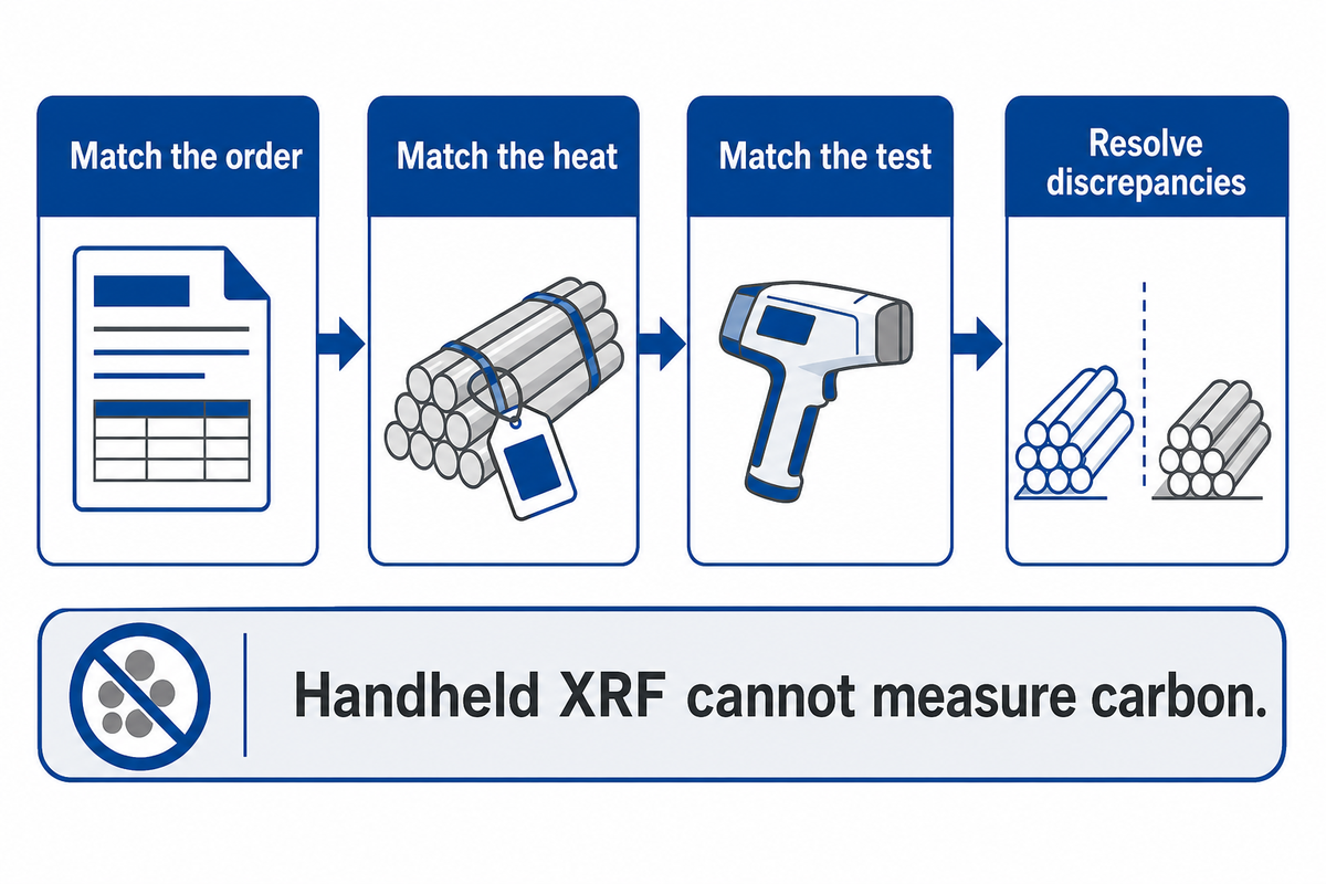 Acceptance links the order, heat, test and discrepancy resolution; handheld XRF cannot establish carbon compliance.