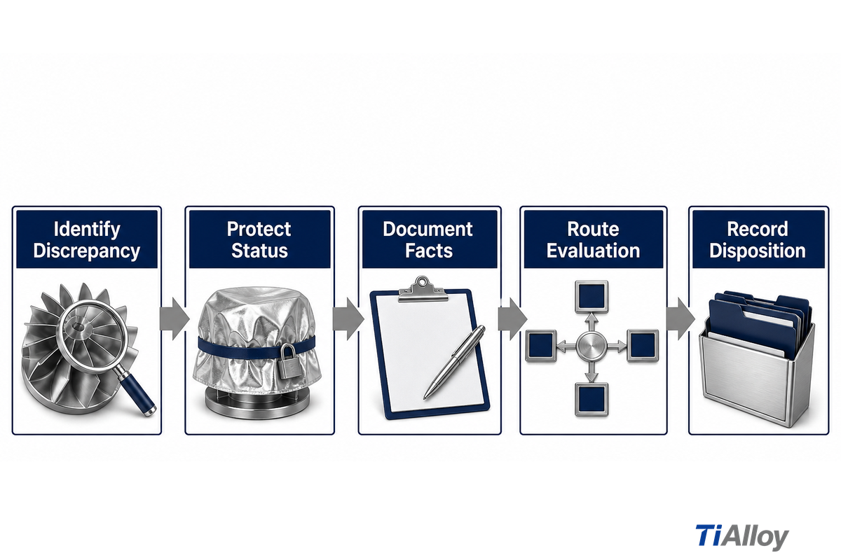 Five-step nonconformance sequence protects status before authorized disposition (14 CFR 21.137)