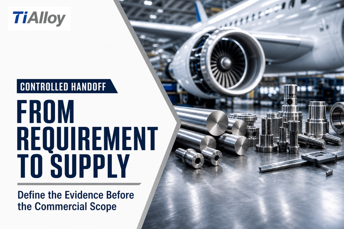 Evidence-ready aerospace requirements hand off to a scoped material supply discussion (TiAlloy)