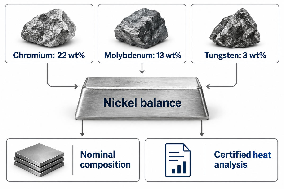 Haynes nominal C22 composition: chromium 22 wt%, molybdenum 13 wt%, tungsten 3 wt%; heat analysis is separate.