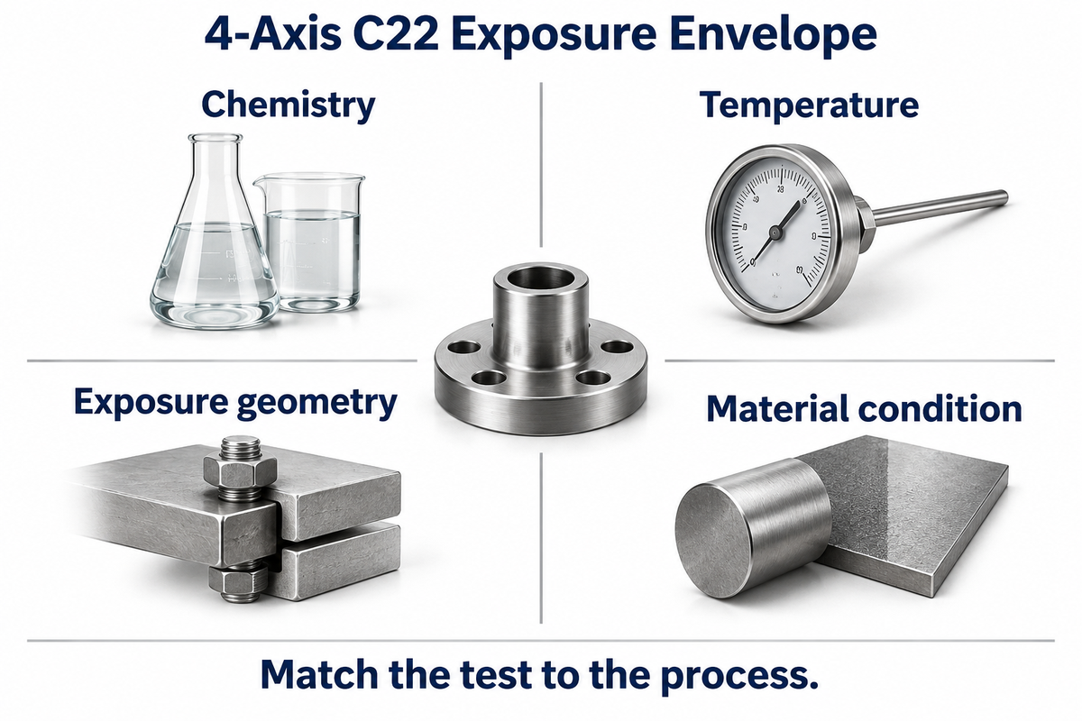 The C22 exposure framework checks chemistry, temperature, geometry and material condition against source-specific tests.