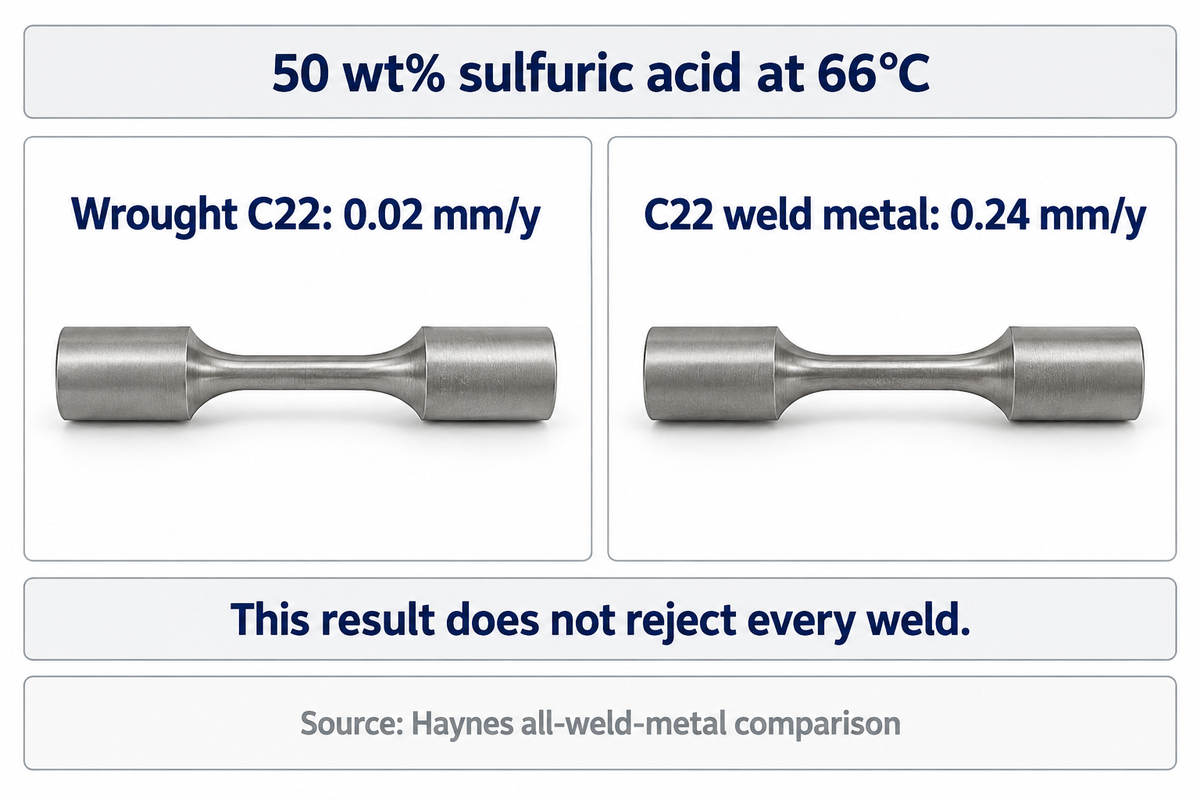 Haynes test in 50 wt% sulfuric acid at 66°C: wrought C22 0.02 mm/y and weld metal 0.24 mm/y.