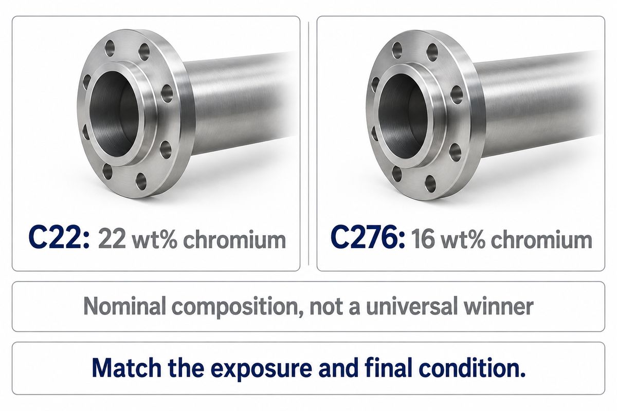 Haynes nominal chromium: C22 22 wt% versus C276 16 wt%; actual service and weld condition determine the comparison.