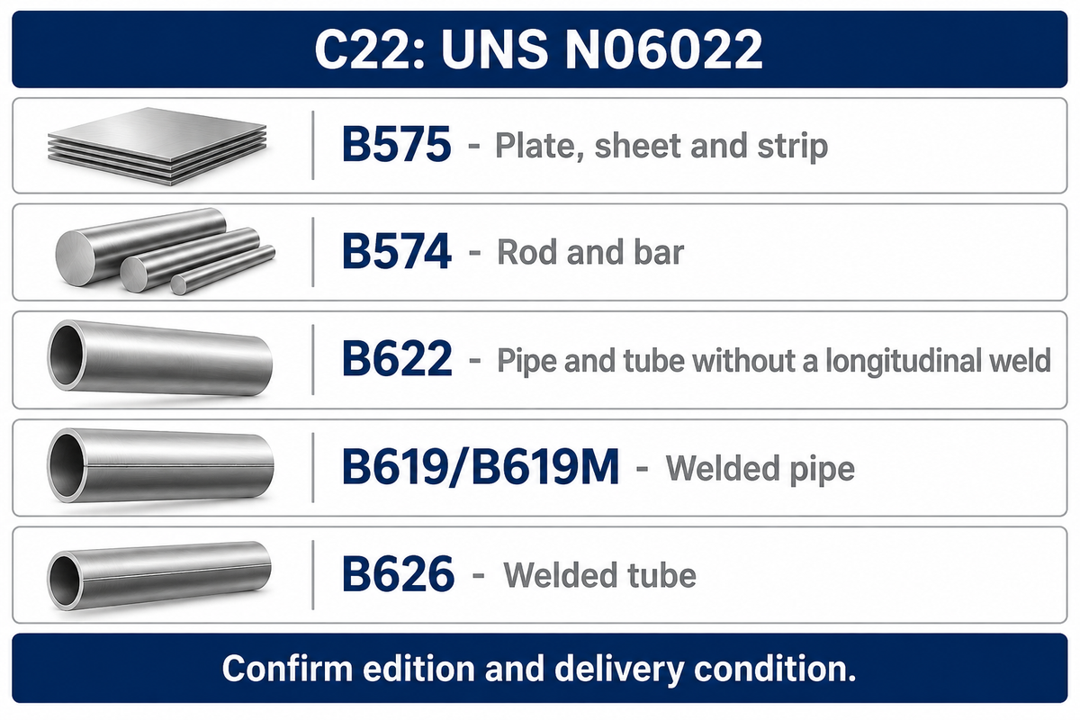 ASTM C22 routes: B575 flat products, B574 bar, B622 unwelded pipe/tube, B619 welded pipe and B626 welded tube.