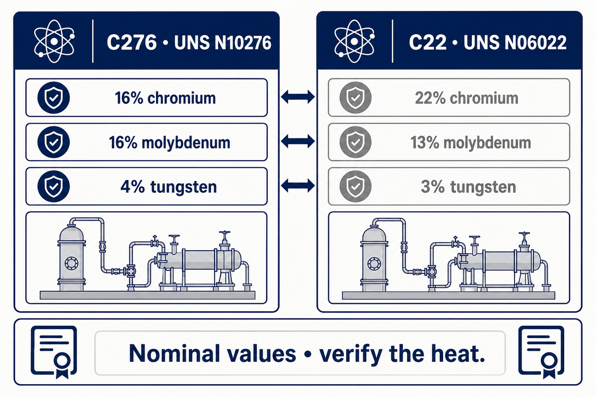 C22 has 22% chromium; C276 has 16% chromium and 16% molybdenum (Haynes nominal values).