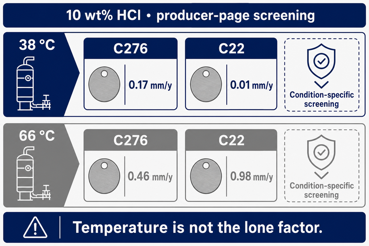 At 38 °C C22 shows 0.01 mm/y; at 66 °C C276 shows 0.46 mm/y in cited producer tables.