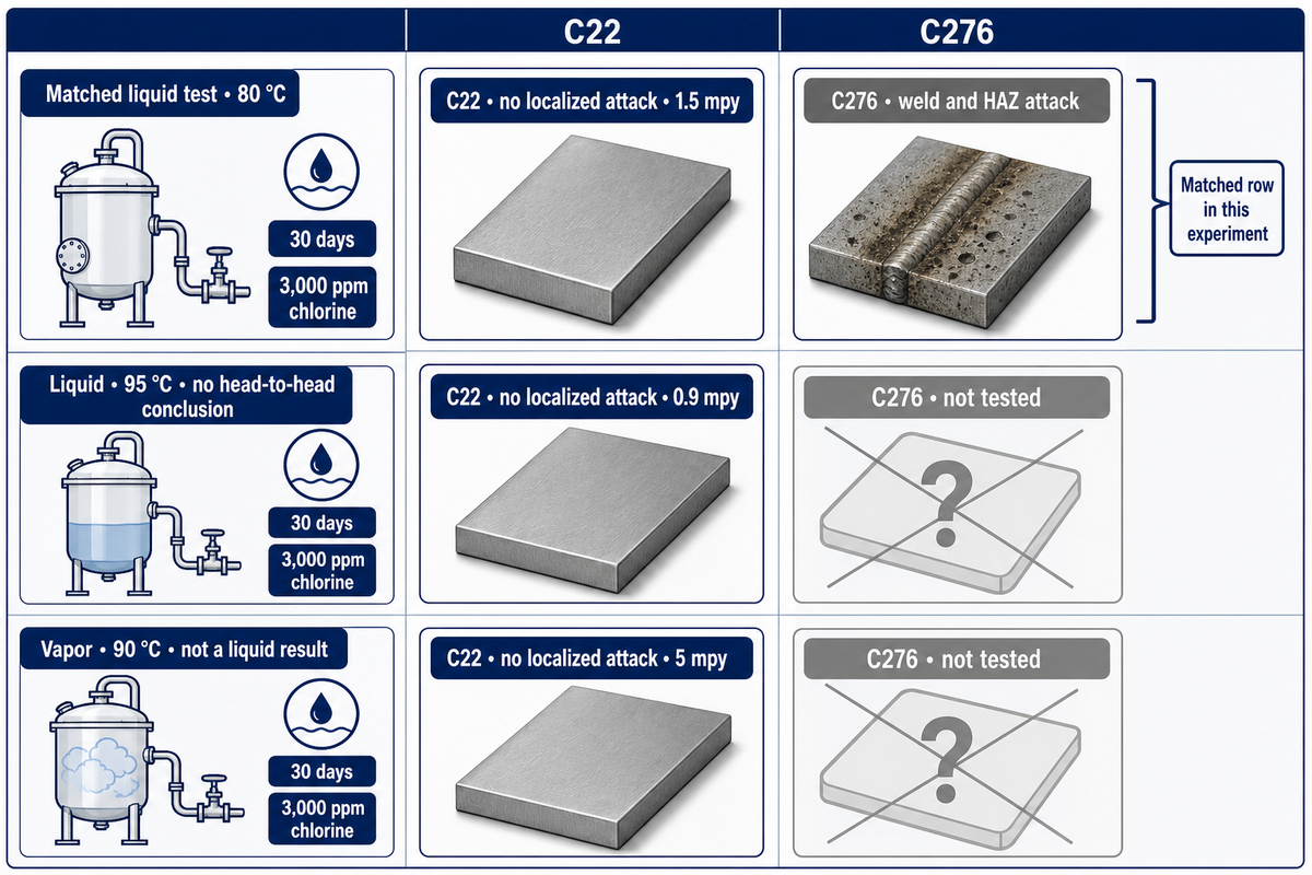 Wet-chlorine evidence board: C22 and C276 were compared in liquid at 80 °C; only C22 was tested in liquid at 95 °C and vapor at 90 °C.