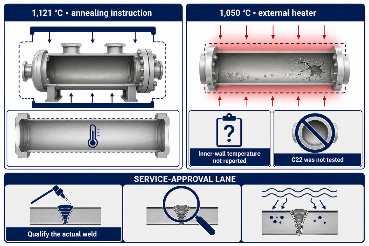 1,121 °C annealing guidance and a 1,050 °C C276 failure exposure are not wet-service limits.