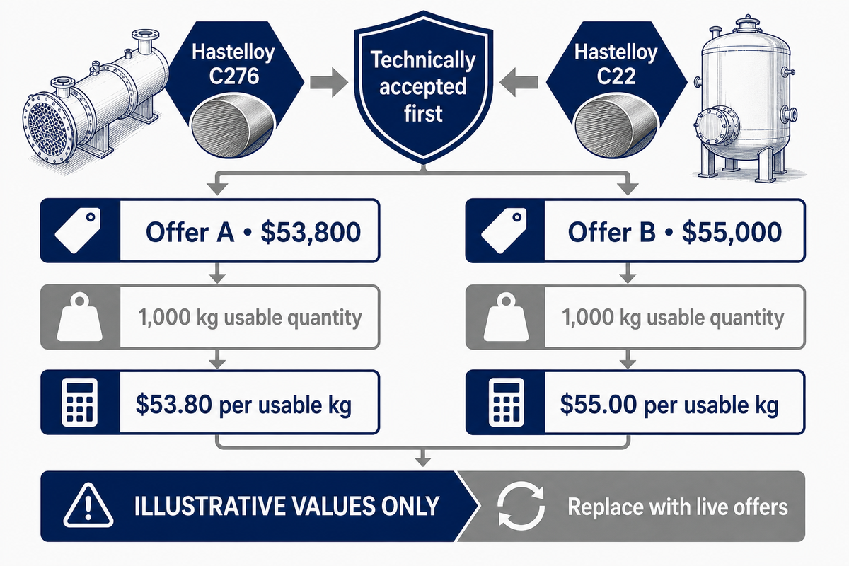 Illustrative 1,000 kg offers normalize to $53.80 and $55.00 per usable kg after scope alignment.