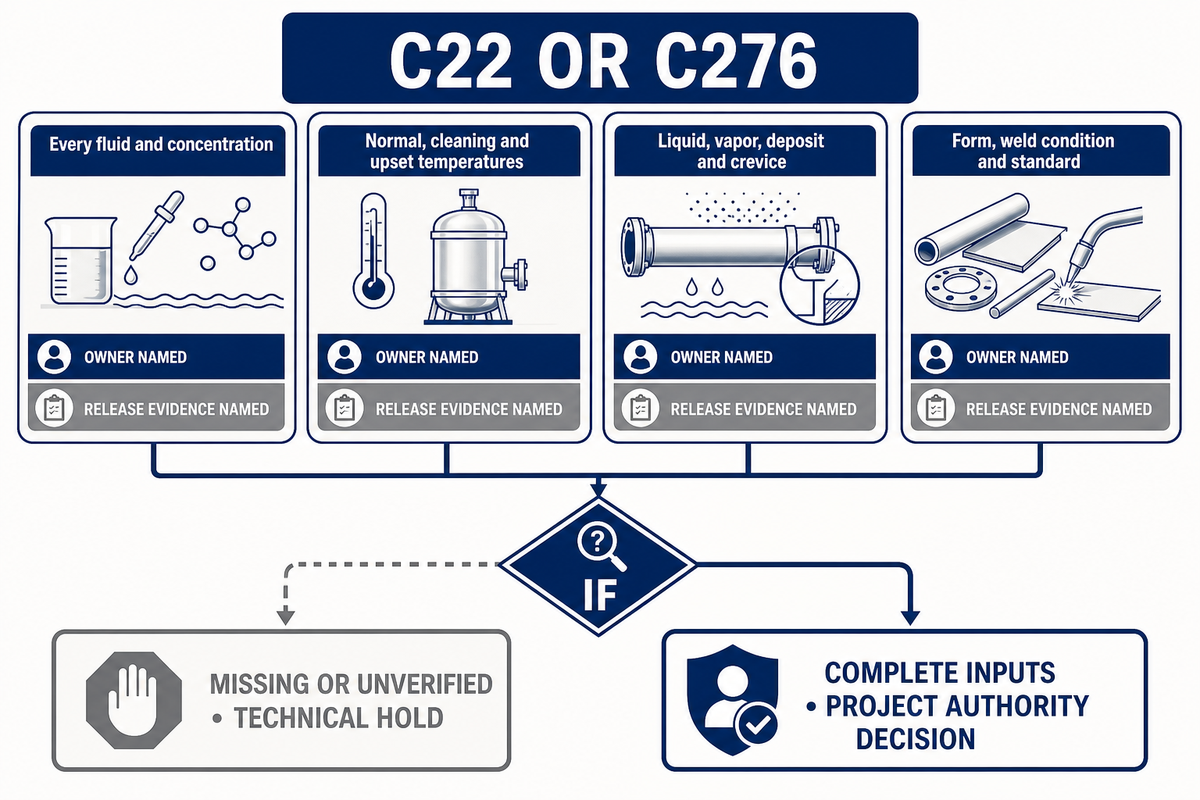 Hold C22 or C276 purchasing until chemistry, temperatures, exposure, form and acceptance scope are defined.