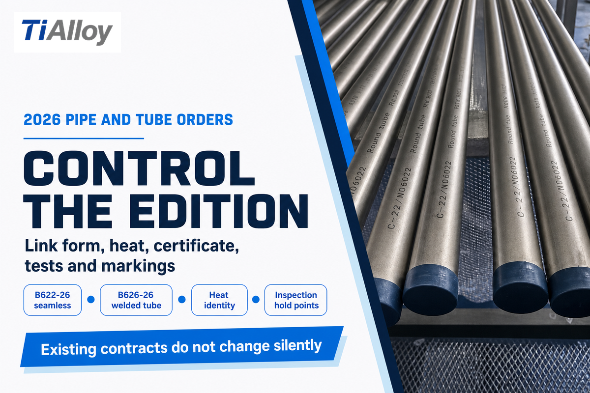 For 2026 pipe and tube orders, state B622-26 or B626-26 and link the heat to release evidence.