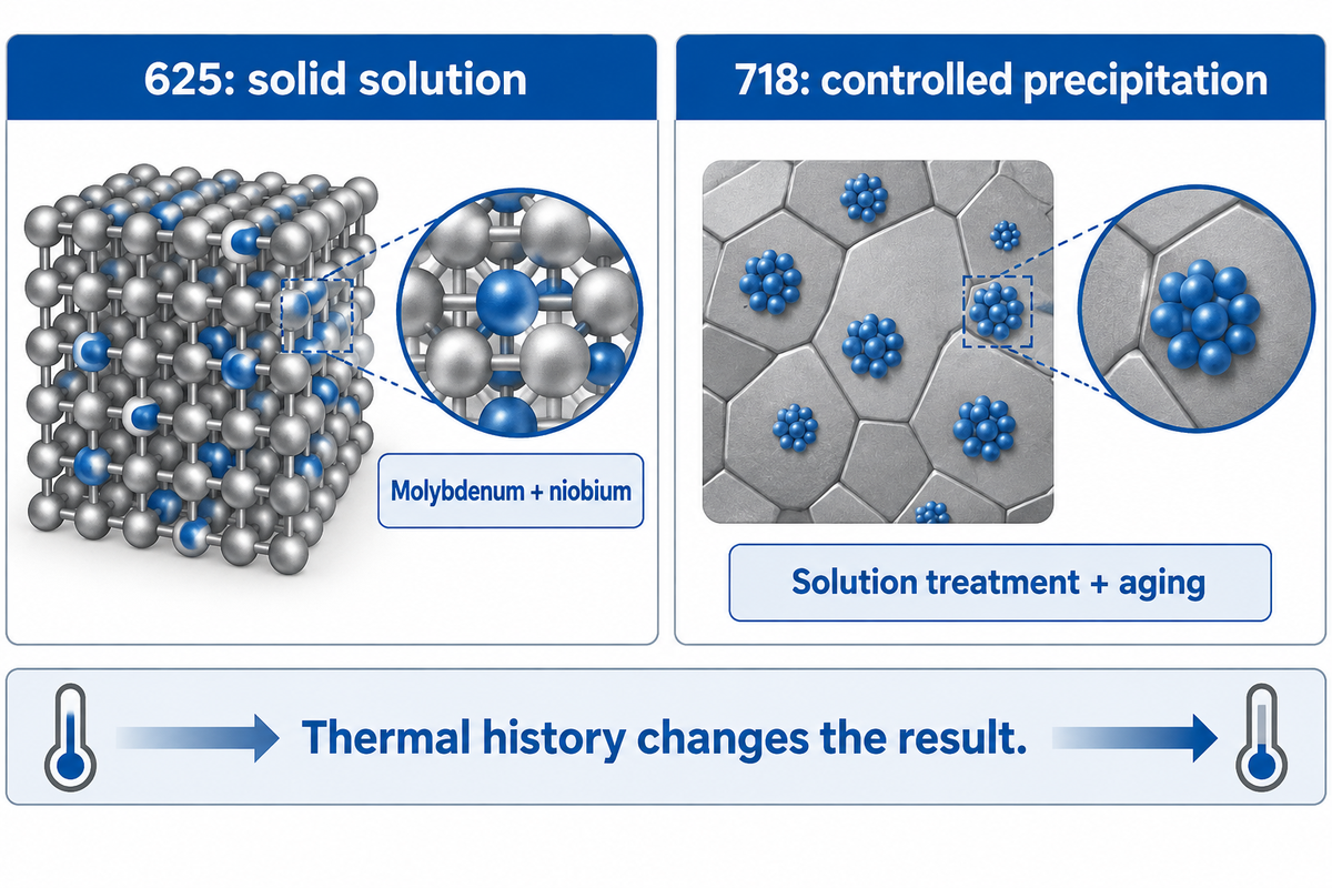 Conventional625 uses solid solution; aged718 uses controlled precipitation. Sources: Special Metals and VDM.