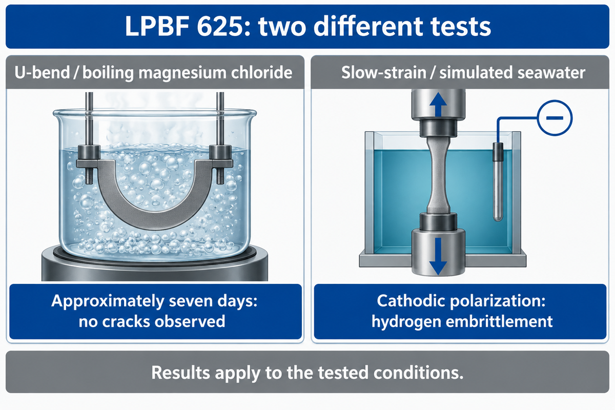 LPBF625 passed one U-bend exposure but showed hydrogen embrittlement in polarized seawater tests; Cabrini2021.