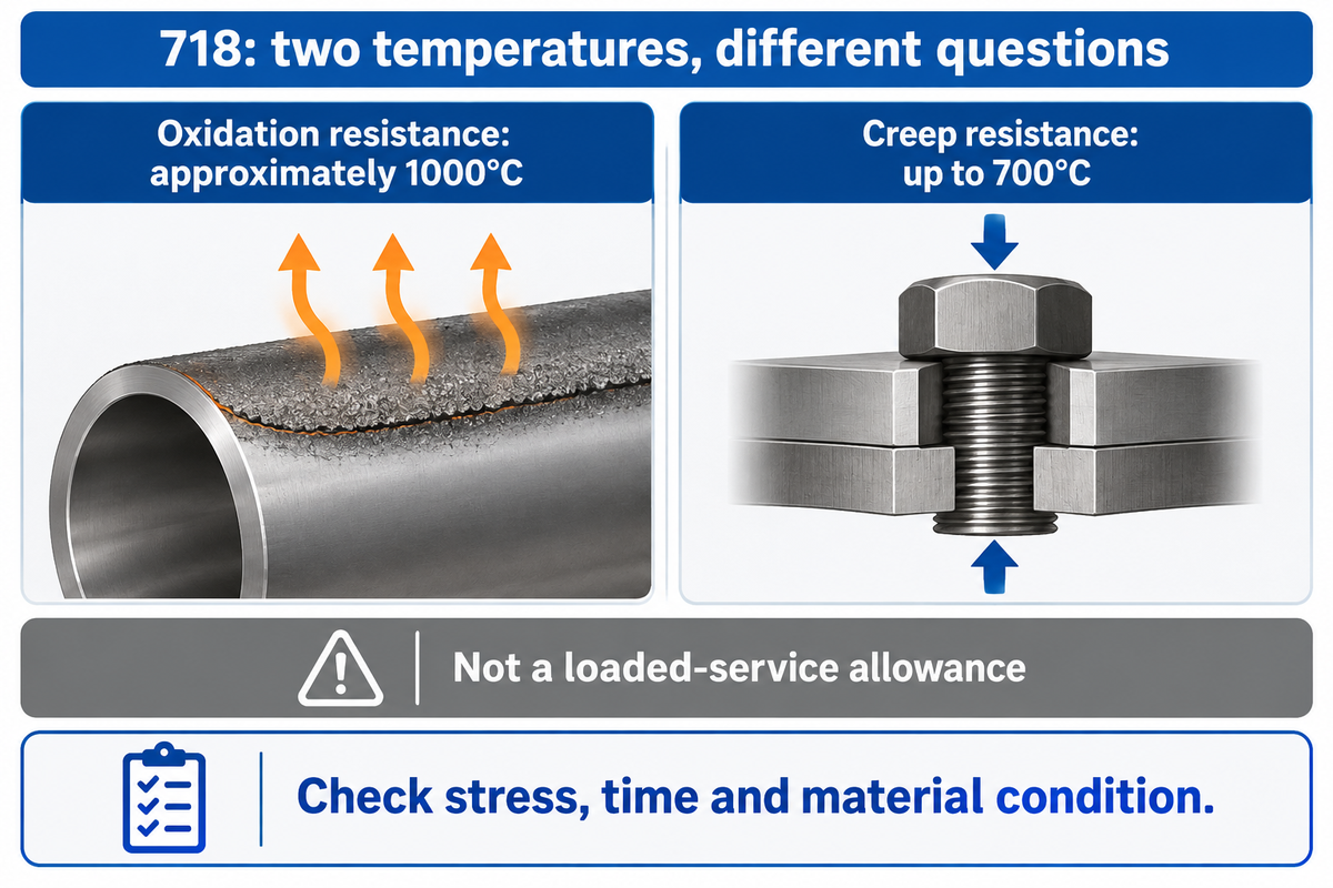 718 oxidation and creep guidance address different mechanisms; neither alone sets loaded service. Source: VDM2020.