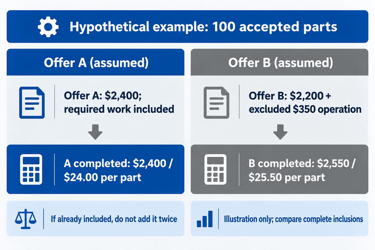 Assumed100-part offers finish at$24.00 versus$25.50 per accepted part; TiAlloy illustrative calculation.