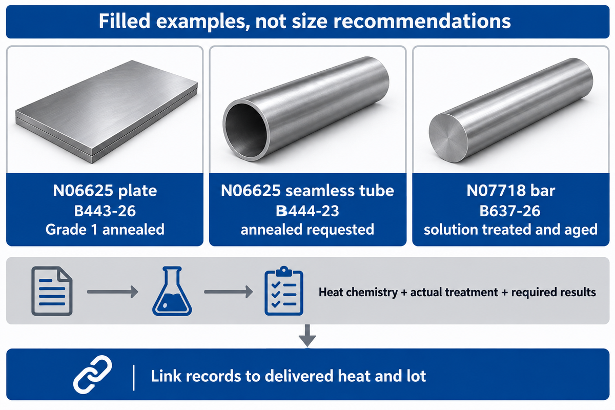 Plate,tube and718 bar need form-specific standards,state and heat records; sources: ASTM scopes and filled examples.