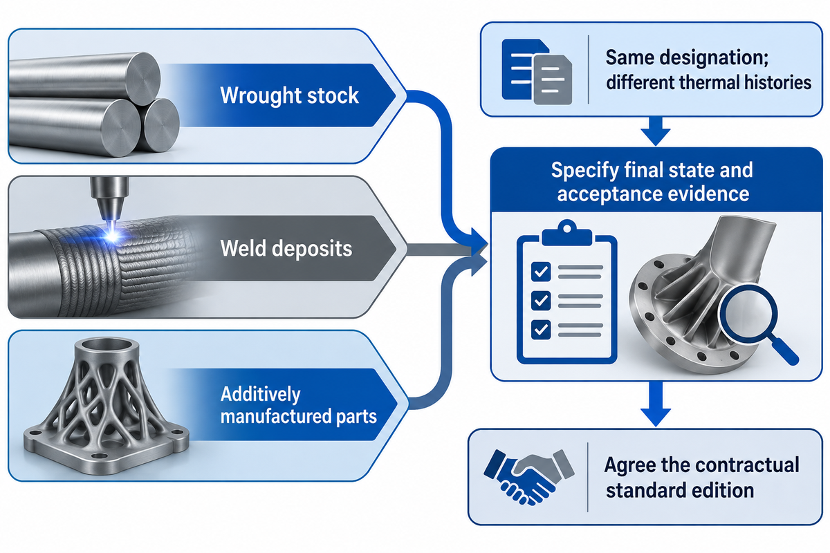 Wrought,weld-deposit and additive routes need specified final condition and acceptance evidence. Sources: NIST and ASTM.