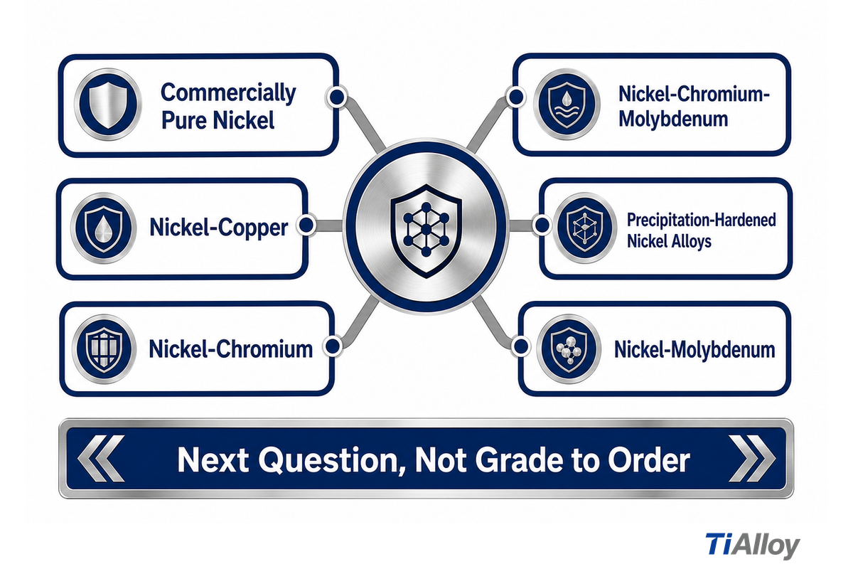 Six representative nickel-alloy families route different service and condition questions — TiAlloy