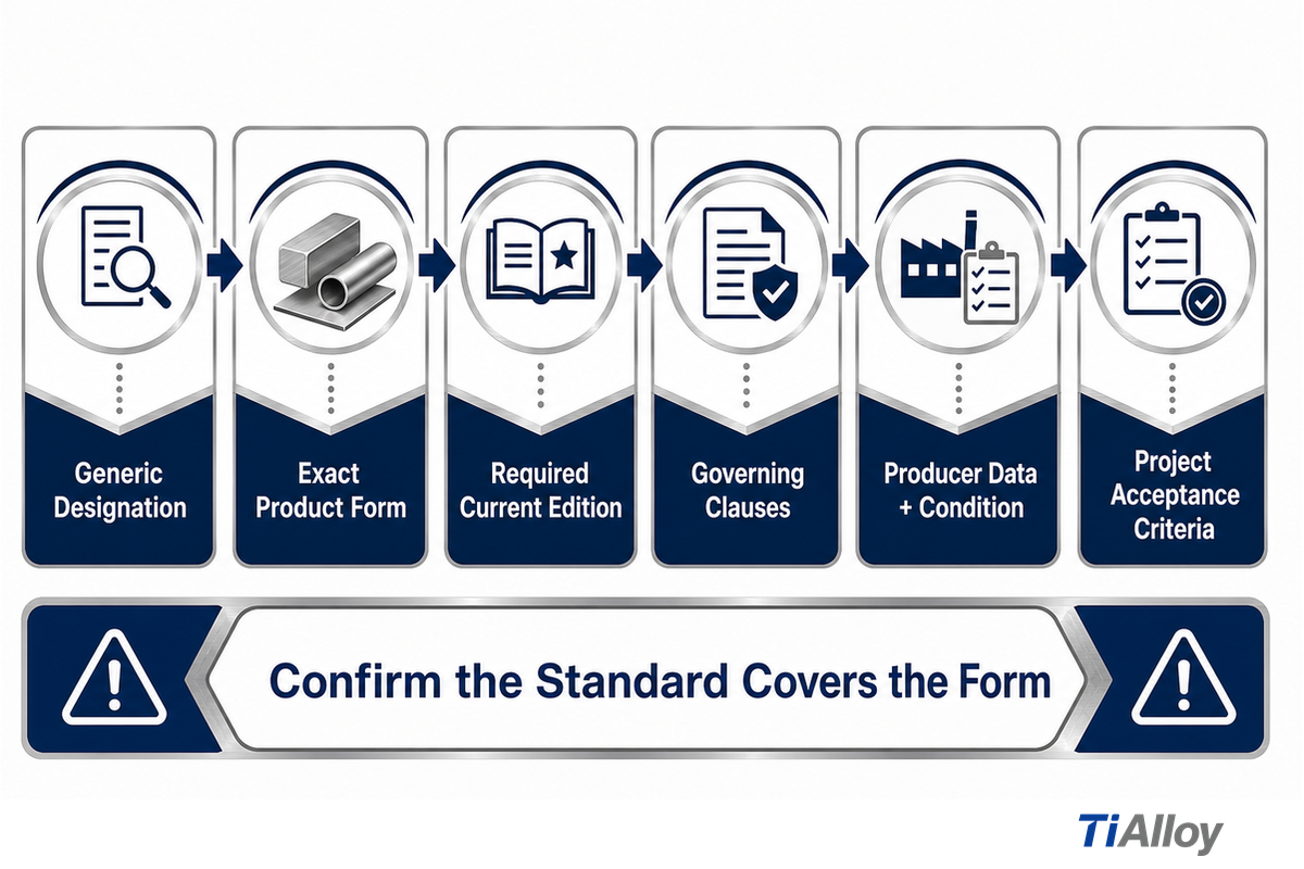 Six-stage standards reading order checks designation, form, edition, clauses, data and acceptance (ASTM B166-25)