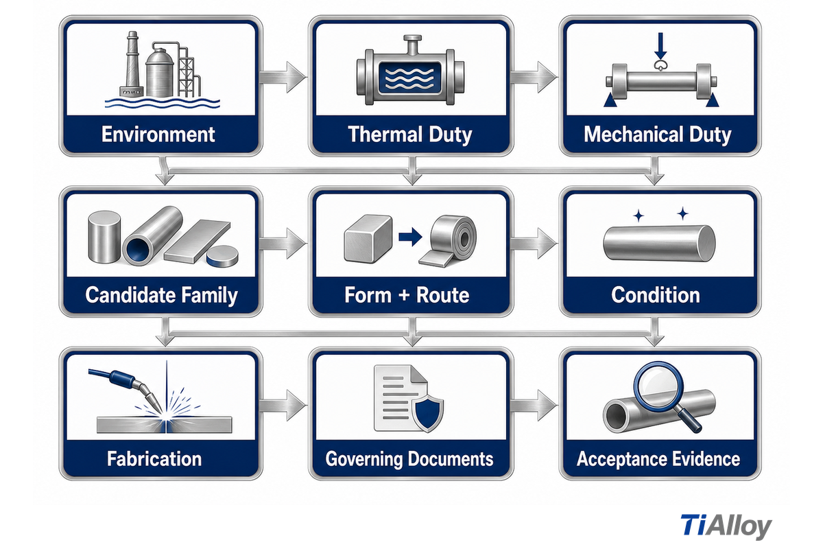 Nine checkpoints connect service conditions to nickel-alloy acceptance evidence (ASTM B166-25)