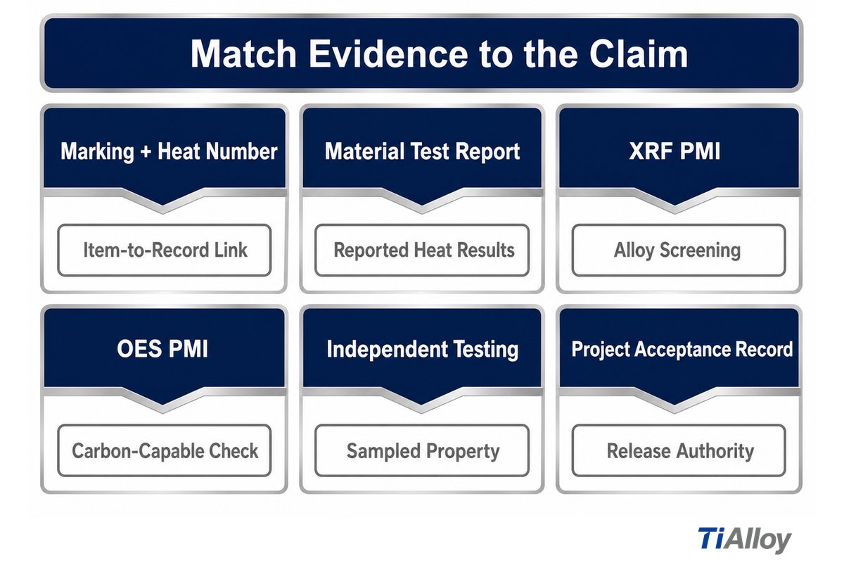 Six evidence types support different nickel-alloy identity, conformance and acceptance claims (MISTRAS and DOE)