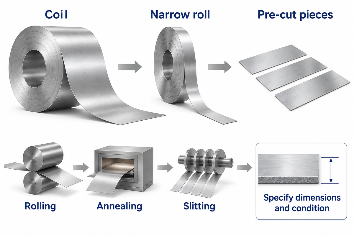 Foil, strip and shim labels overlap; decimal dimensions and delivery condition define the material (ASTM E345-24a).