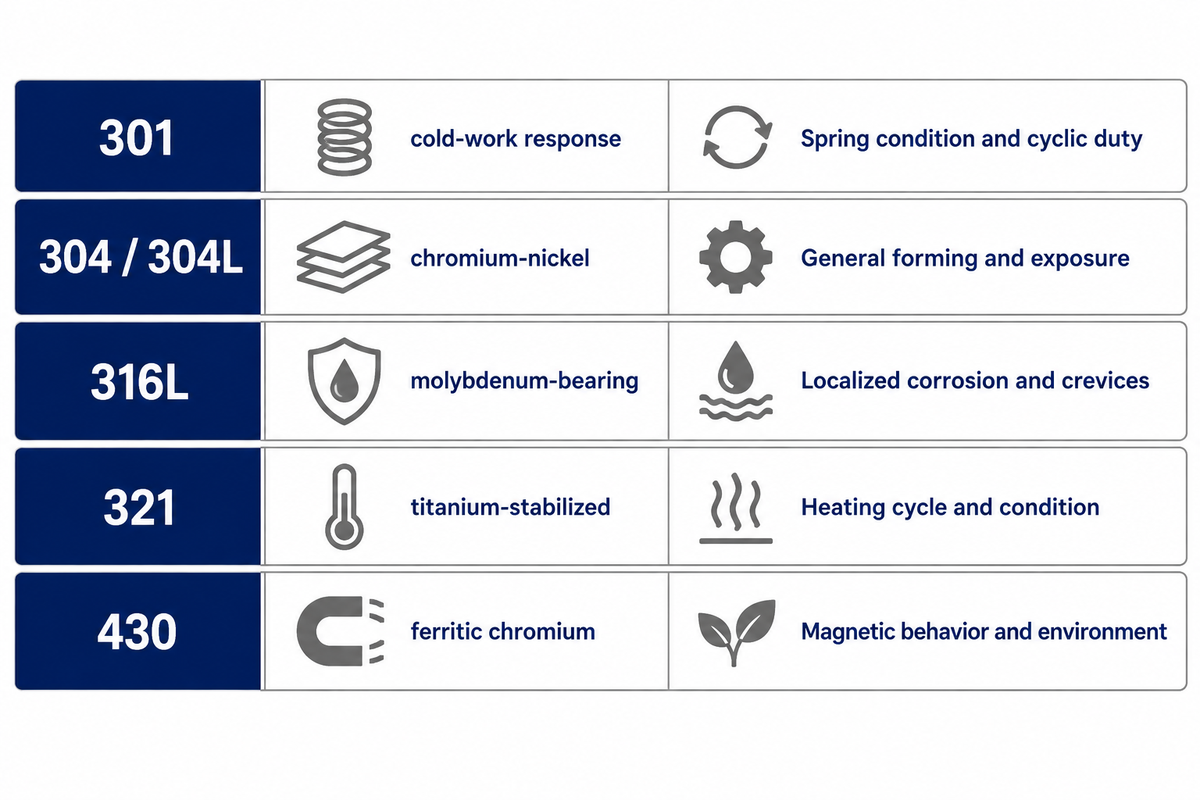 301, 304/304L, 316L, 321 and 430 pose different design questions; grade chemistry alone does not qualify a foil part.