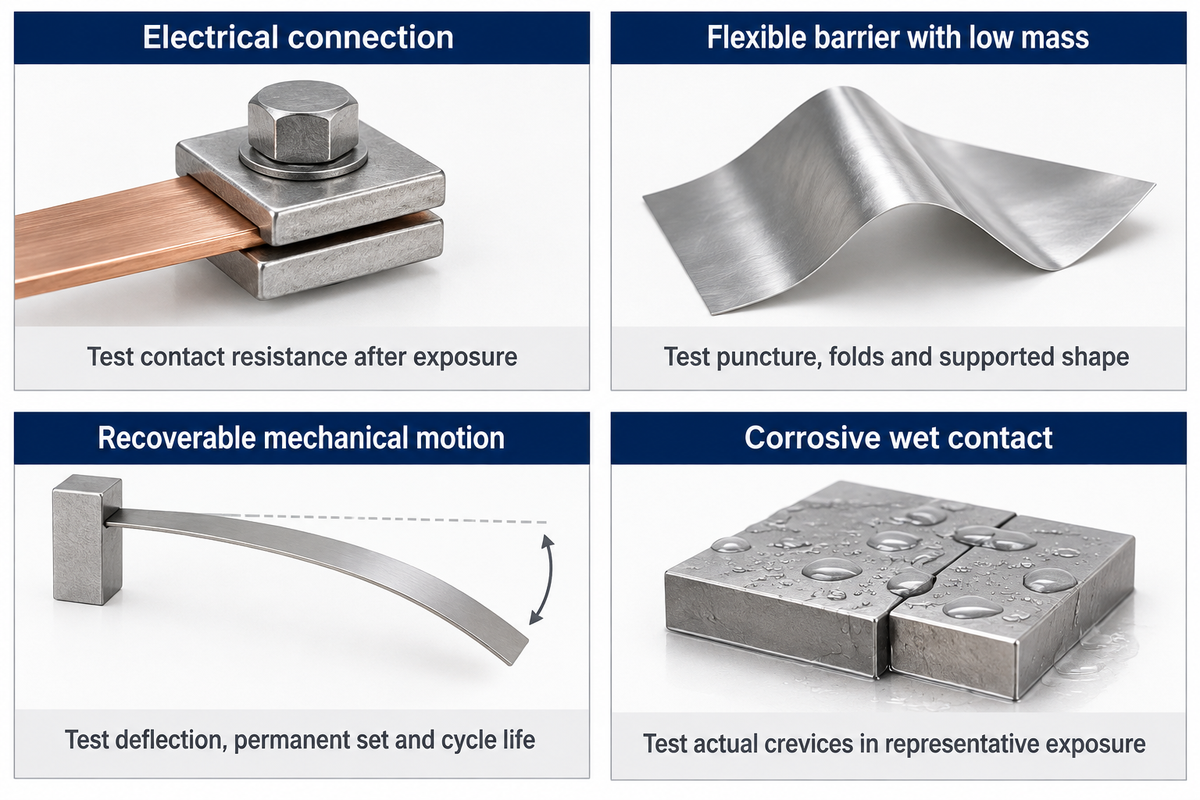 Compare foils by contact resistance, puncture, cyclic motion or wet crevice exposure; the assembly function sets the test.