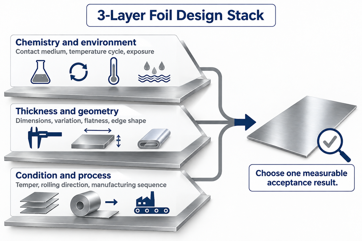 3-Layer Foil Design Stack connects chemistry, geometry and process to one measurable finished-part acceptance result.