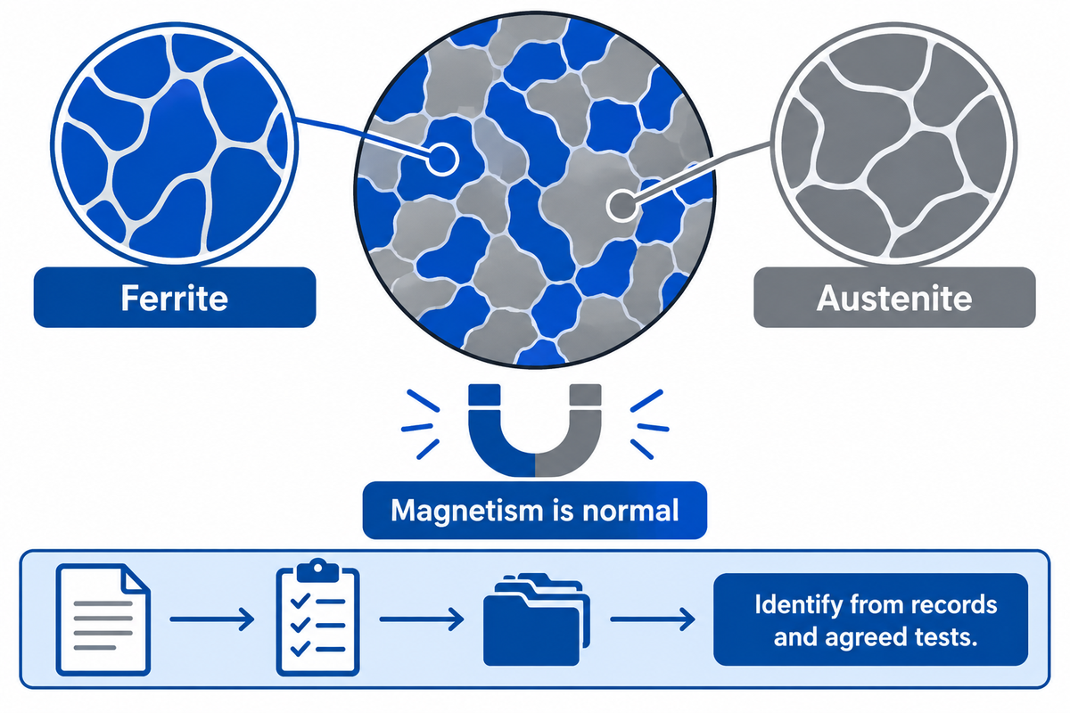 Duplex combines ferrite and austenite; magnetism does not prove grade. Source: World Stainless and TiAlloy synthesis.