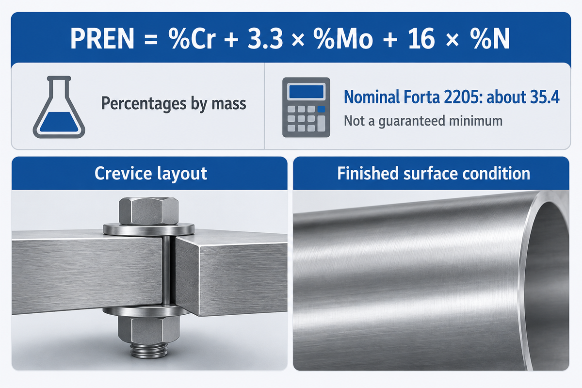 Nominal Forta 2205 PREN is about 35.4; crevice layout, surface condition and service still need assessment.