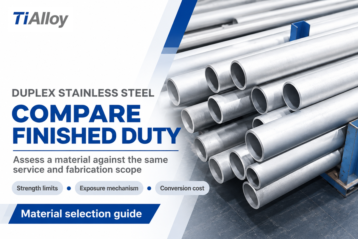 Compare duplex and 316L against the same service duty and finished cost; TiAlloy tube-stock photo.