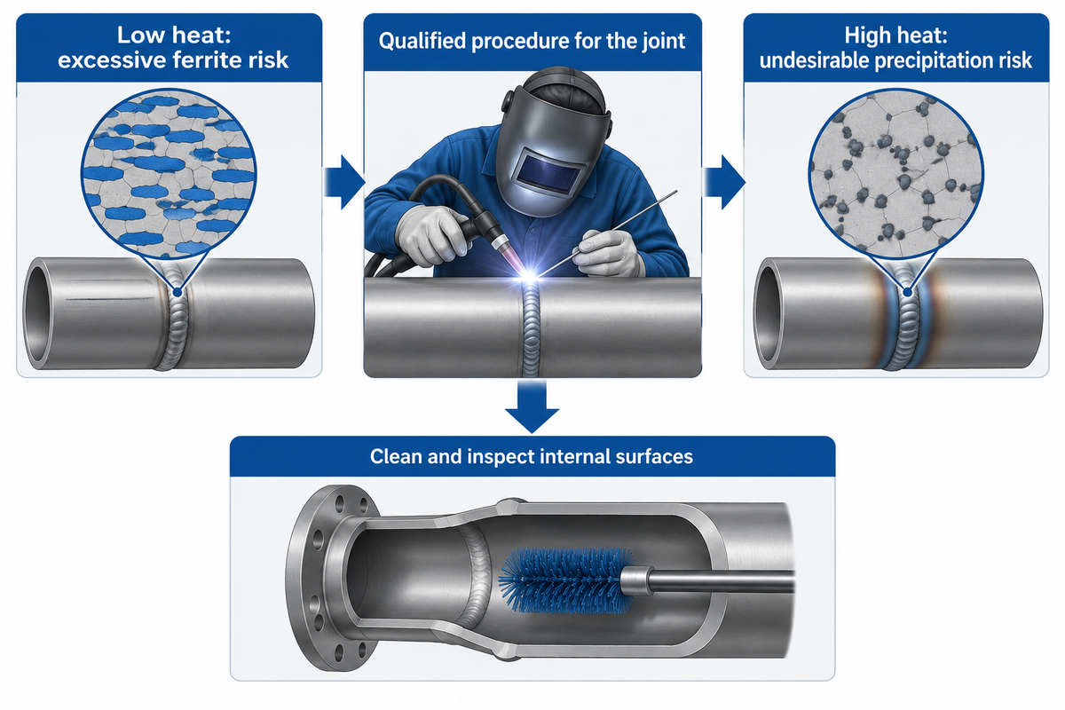 Control welding heat and plan internal cleaning and inspection before closure. Source: IMOA and procurement synthesis.