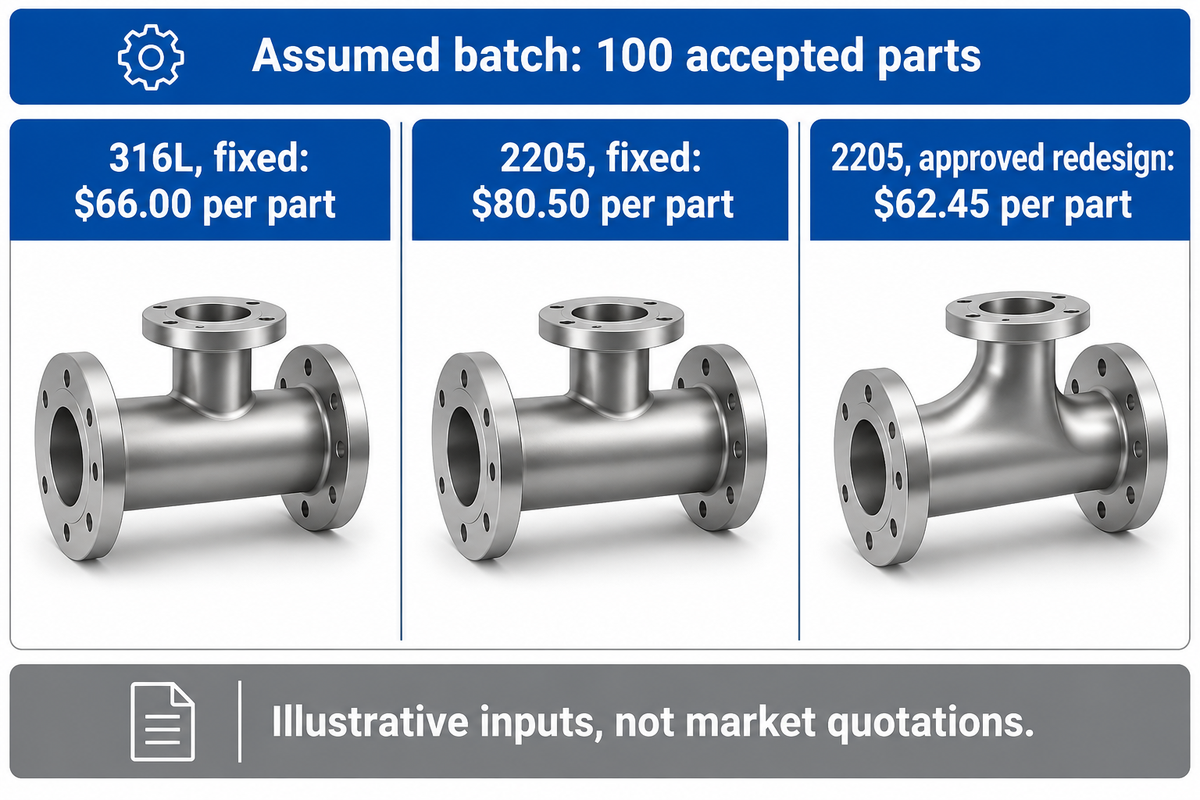 Assumed costs: 316L fixed $66.00; 2205 fixed $80.50; approved redesign $62.45 per part. Source: illustrative cost model.