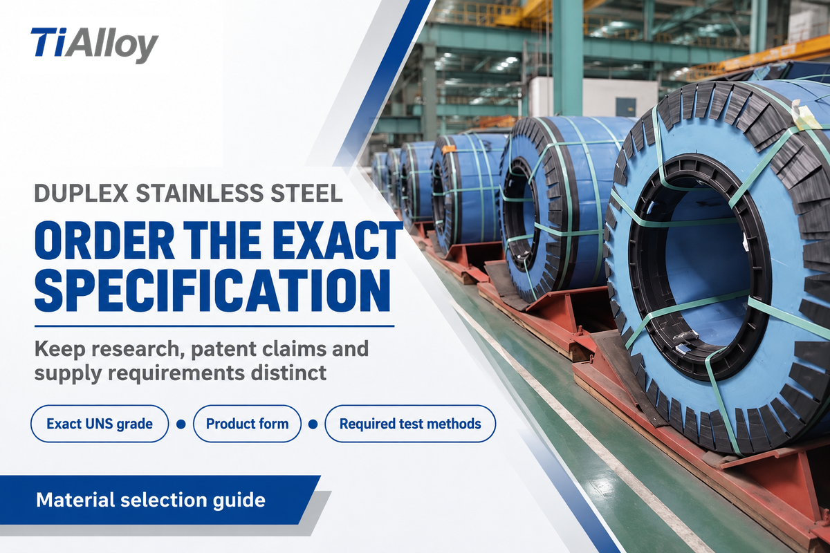State exact grade, product form and test methods; official TiAlloy stainless coil photo.